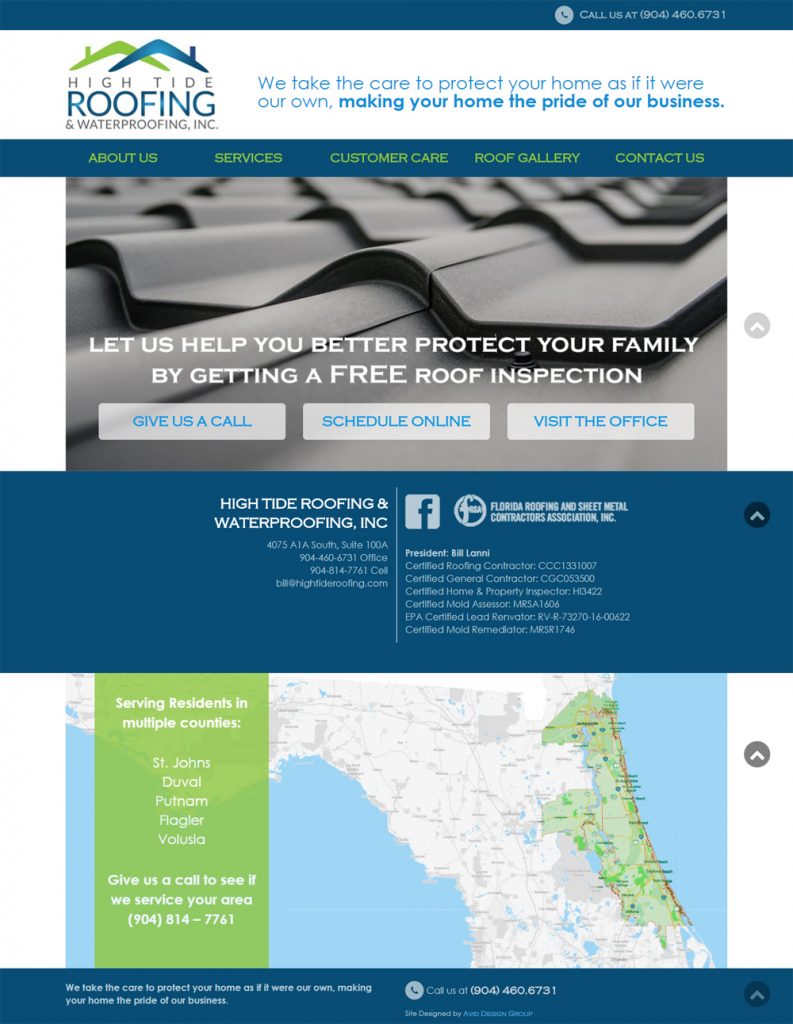 High Tide Roofing & Waterproofing, Inc., Avid Design Group, Affordable website design, st. augustine website design, website designers st. augustine, web design, graphic design st. augustine, print design st. agustine