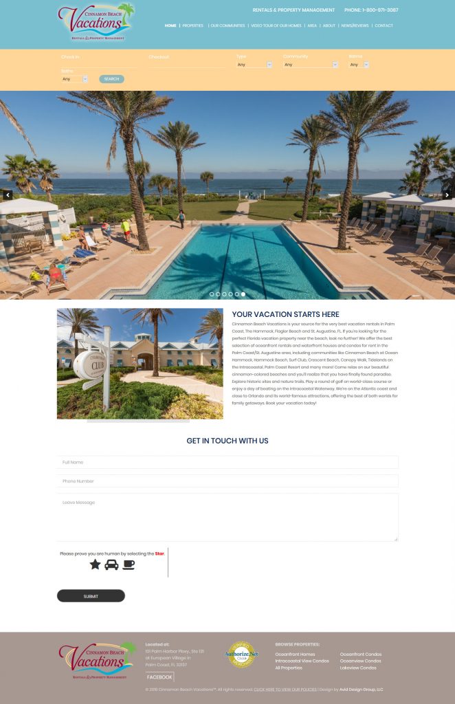 Cinnamon Beach vacations, Avid Design Group, website design st. augustine, st. augustine website design, professional website design, affordable website design